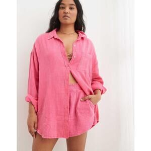 Aerie Gauzy Coverup Shirt Bubble Gum Pink Oversized Size Large
